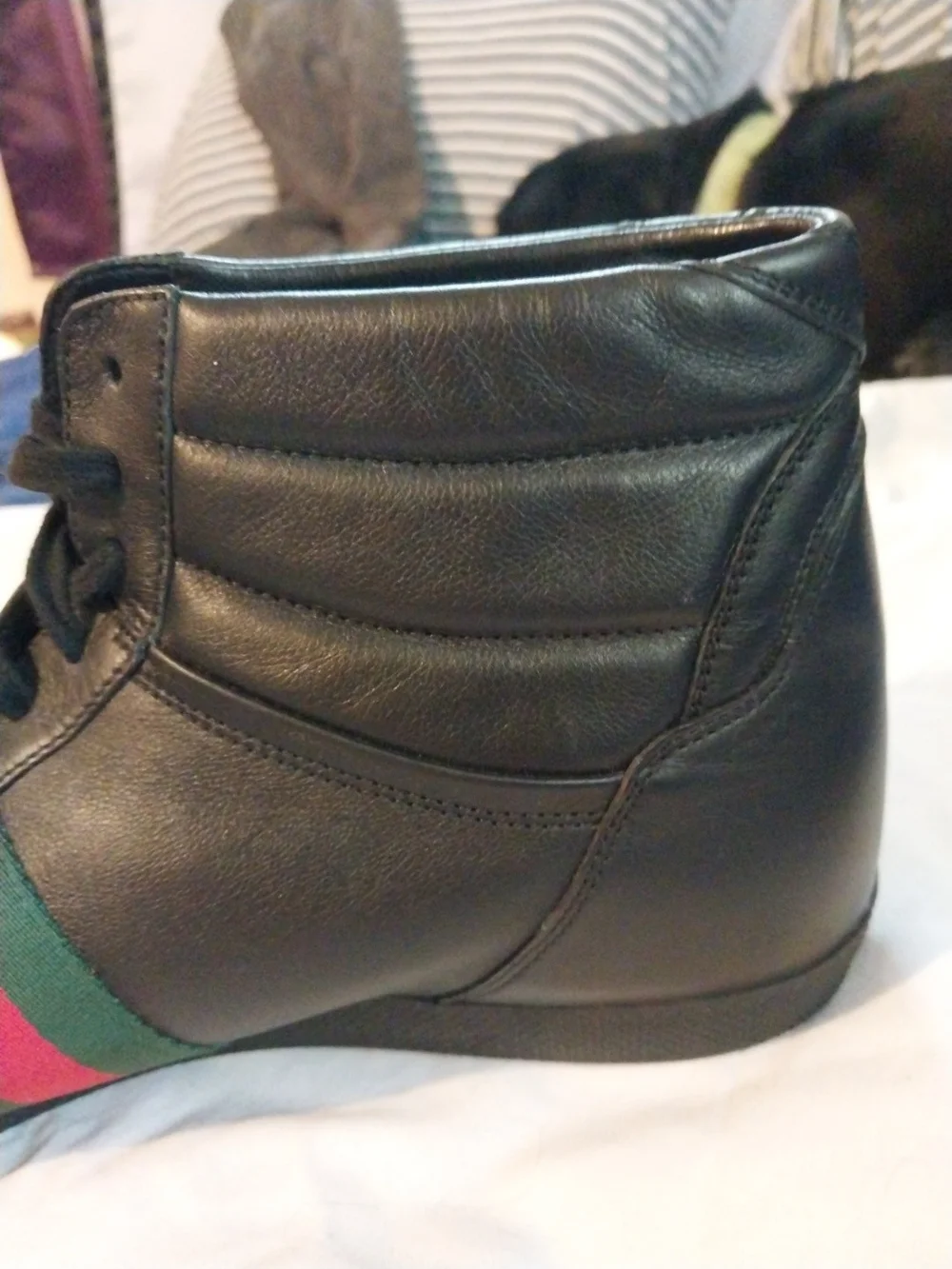 Gucci Black Leather High-Top Sneakers with Red & Green Web Stripe Size 12